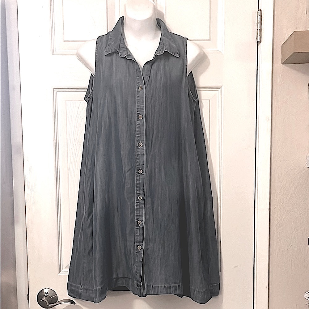 Sleeveless Button Down Blue Tencel Denim Collared Mini Dress L